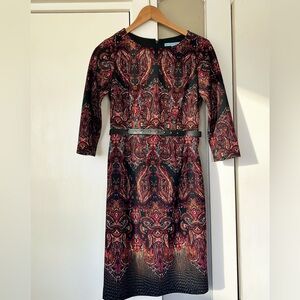 ANTONIO MELANI Red and Black Paisley 3/4 Sleeve Midi Dress Sz 0